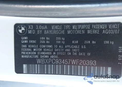 2007 BMW X3 3.0Si z USA, uszkodzony, nr VIN WBXPC93457WF20393